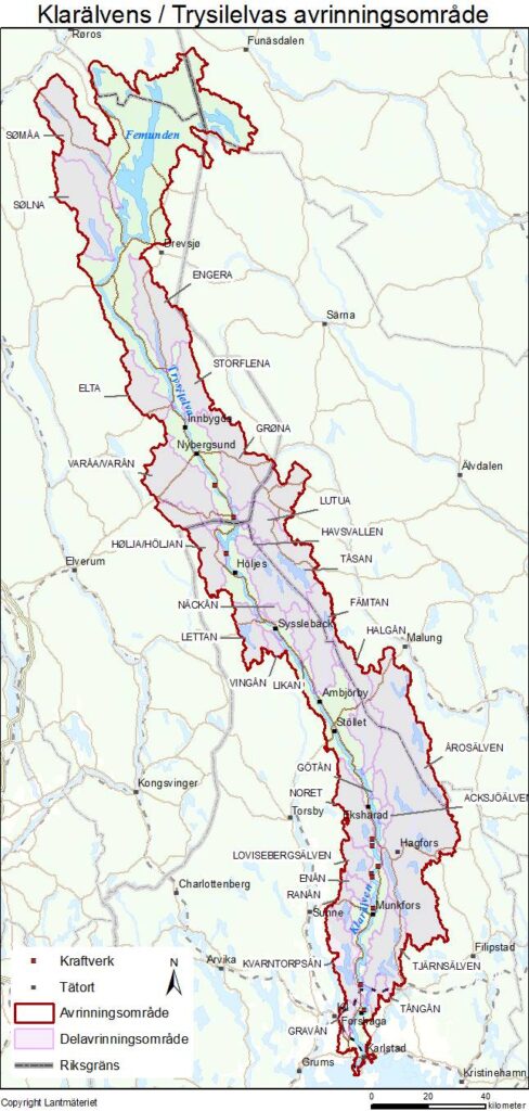 Kartan visar Klarälvens/Trysilelvas avrinningsområde, som sträcker sig från Femunden i Norge ner till Vänern i Sverige.